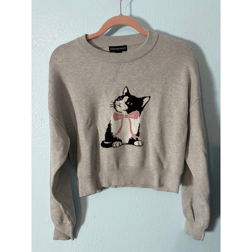 Streetwear Society NWT Gray Cat Intarsia Cropped Sweater Women Medium Coquette